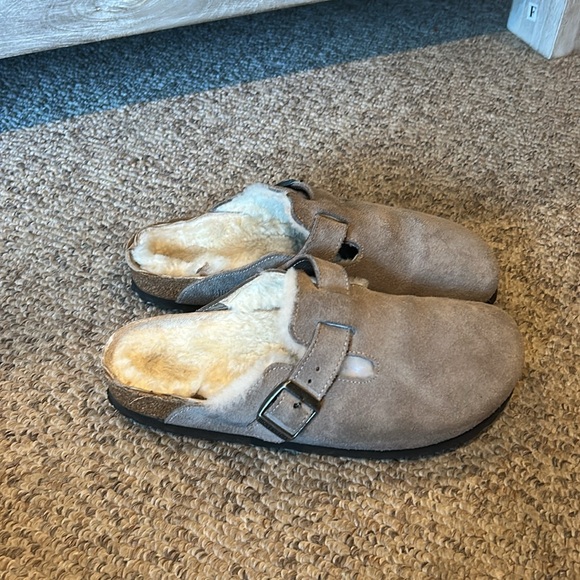 Birkenstock taupe tan Boston clog shearling fur slip on shoes sz 8 - Picture 2 of 8